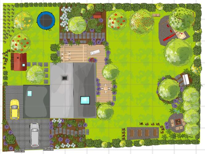 Stavba domova - VEXTA 149G TREND - Když už dneska přidávám ty vizualizace ... po studiu a shlédnutí snad všech příspěvků od Flera TV, jsem zahradu (aspoň na obrázku) překopala a myslím, že takhle bude zahrada mnohem útulnější a pro děti hravější. 