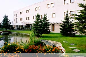hostina pod holym nebom, v zahrade s jazierkom, lavickami