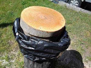 Pník vložil do čierneho igelitového vreca a hodne zalial vodou.