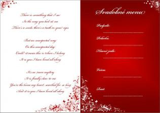 menu na stoly - na ľavej strane je text piesne, ktorá sa bude hrať ako prvý tanec novomanželov