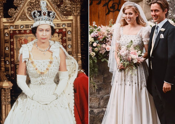 Královská svatba - princezna Beatrice a Edoardo Mapelli Mozzi - Svatební vintage šaty měla princezna zapůjčené od své babičky, královny Alžběty II. Vytvořil je návrhář Norman Hartnell.