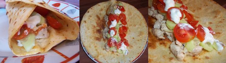 Tortilla s kuřecím masem, sýrem, okurkou, rajčaty a tatarskou omáčkou