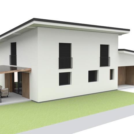 Návrh minimalistickej fasády, prístavby garáže a pergoly