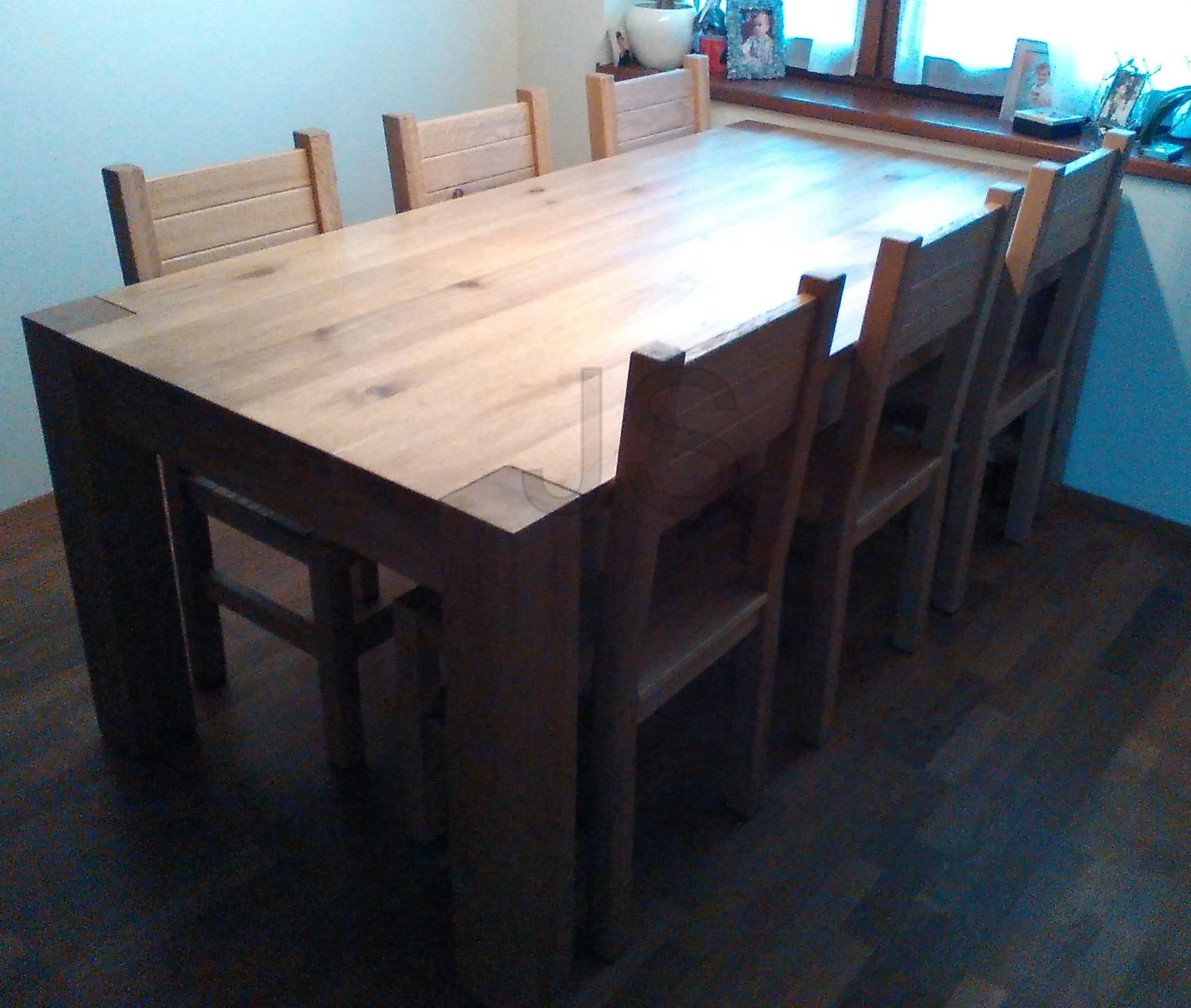 Jedálenské stoly z masívu - Jedálenský stôl 200x100 cm, nohy plné masívne 12x12 cm, vrchná doska v hrúbke 40 mm - dub prírodný kartáčovaný, 6x stolička