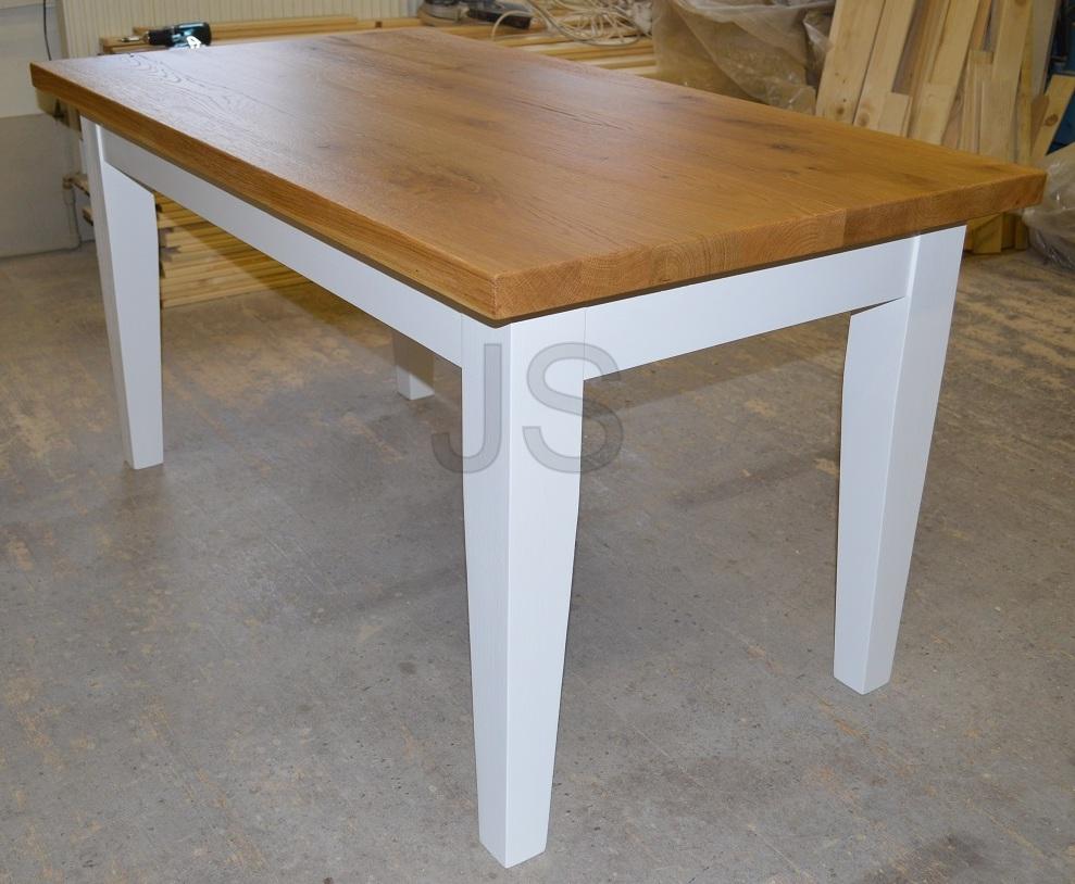 Jedálenské stoly z masívu - Jedálenský stôl 150x80 cm, spodná časť smrekové drevo, biely odtieň, vrchná doska v hrúbke 40 mm - dubové drevo, kartáčované, olejovosk.