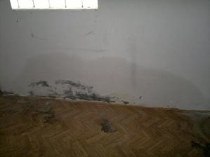 mokrá zeď v garáži, zvenku vedle zdi stáválo jezírko, které majitel vykopal a díru zaházel...zřejmě kopal i kde neměl... :-(