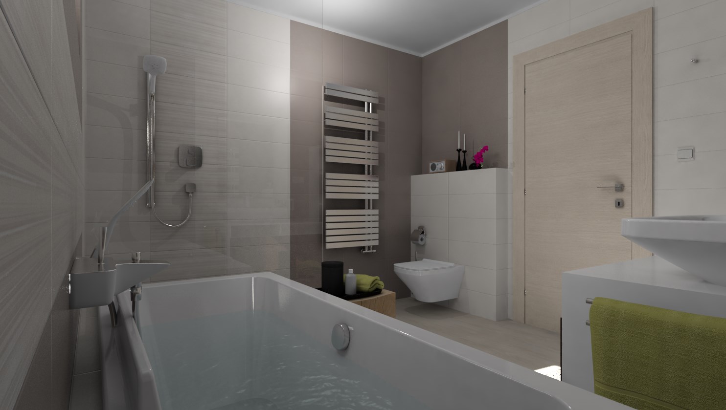 3D návrhy kúpeľní - vizualizácie - Vizualizácia kúpeľne 2,8 x 2,9 m - oObklad béžová /sivohnedá 20x50 cm