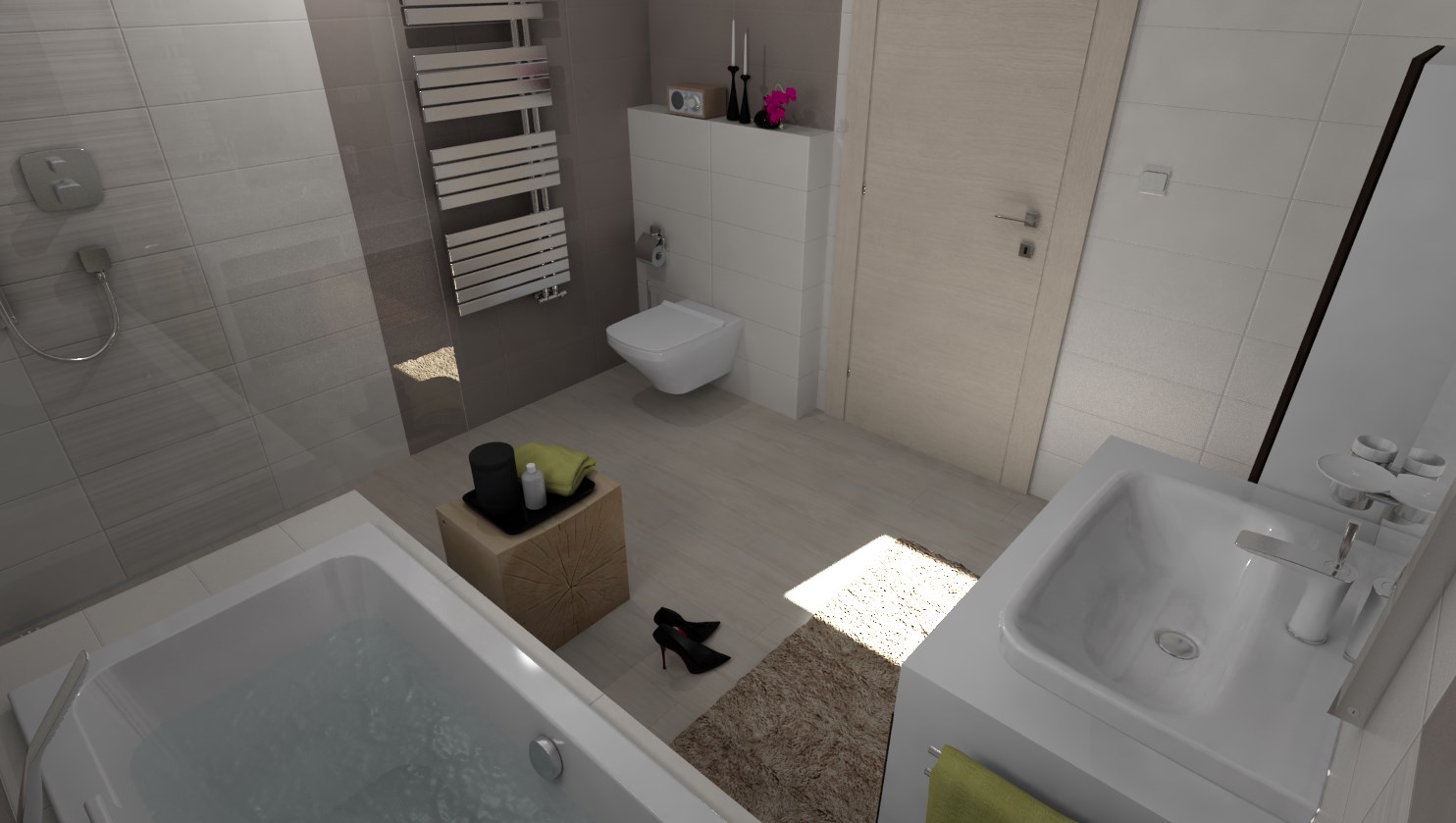 3D návrhy kúpeľní - vizualizácie - Vizualizácia kúpeľne 2,8 x 2,9 m - oObklad béžová /sivohnedá 20x50 cm