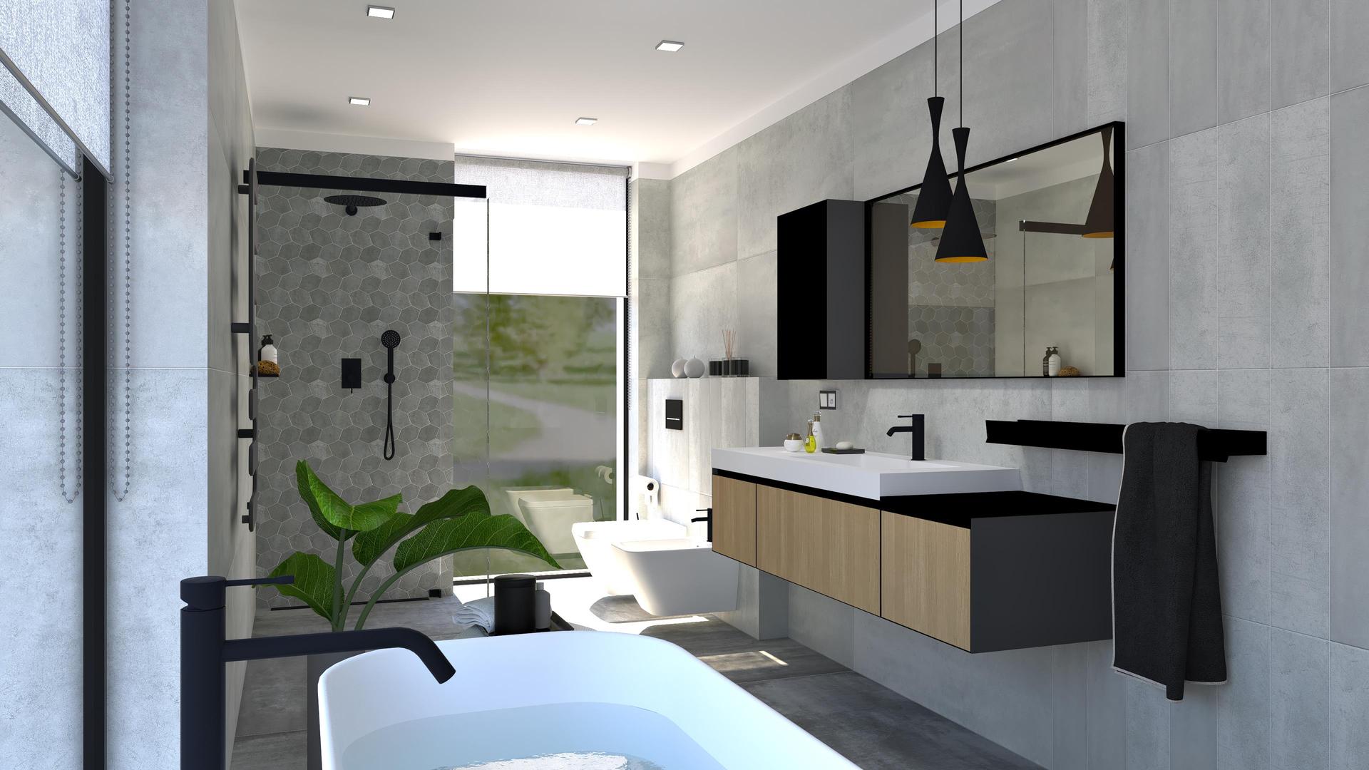 Návrhy kúpeľní 2021 - Vizualizácia kúpeľne /
Sivý obklad s jemným metalickým odleskom, čierne doplnky, hexagónová mozaika.
