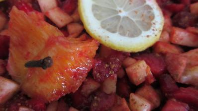 pečený čaj - jahody, pomeranč, citron, cukr, hřebíček, skořice, rum