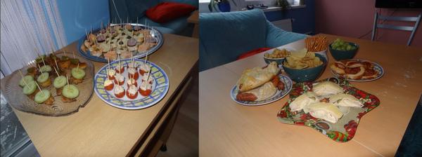 Moje práce, jen obyč. jednohubky, miniřízky, pizza ešneky, párky v těstíčku a sýrová roláda, spíše průměrná až podprůměrná hostina při rozlučce s bytečkem