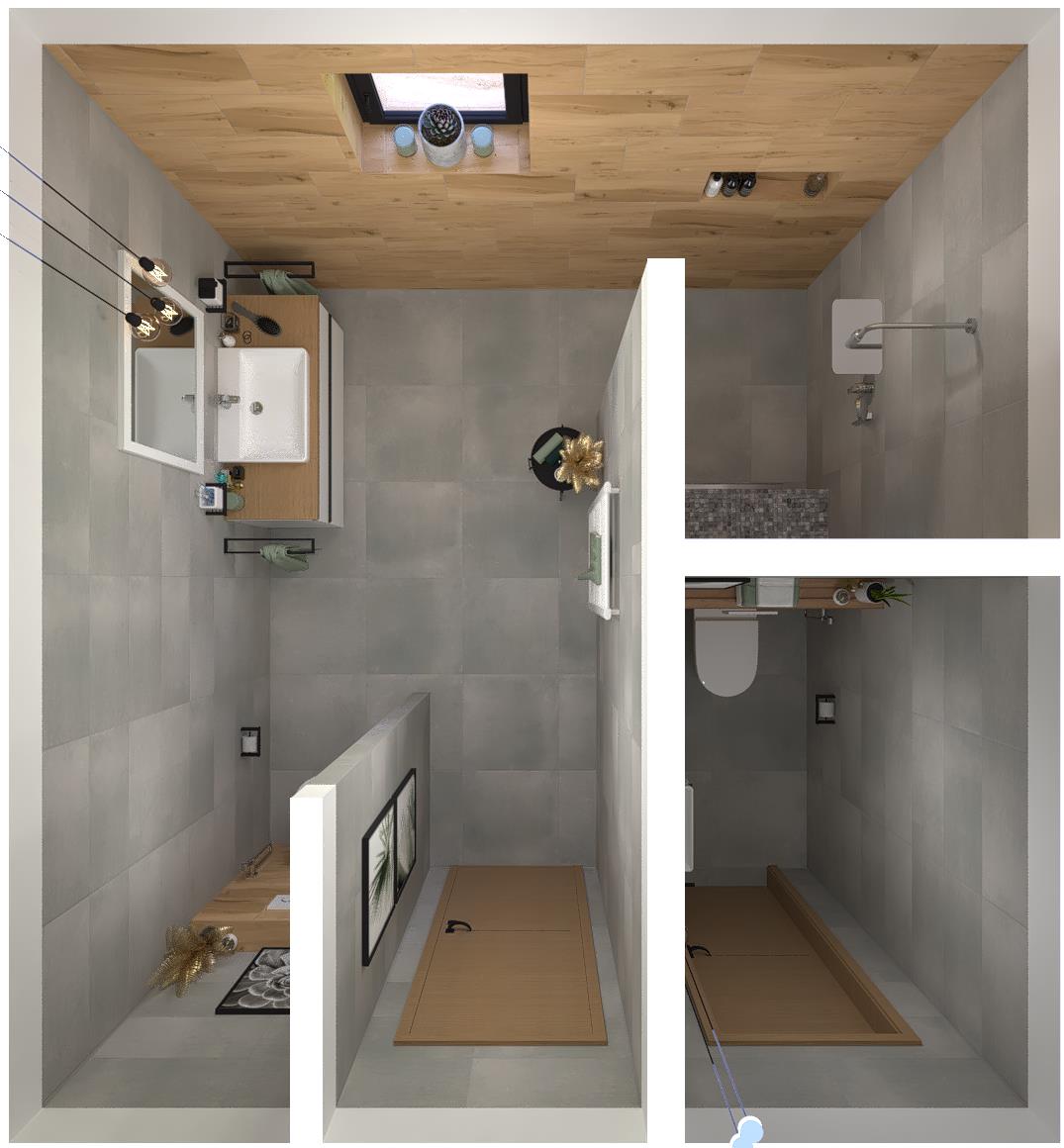 Vizualizace budoucí koupelny a wc - Pohled shora na koupelnu a samostatné WC