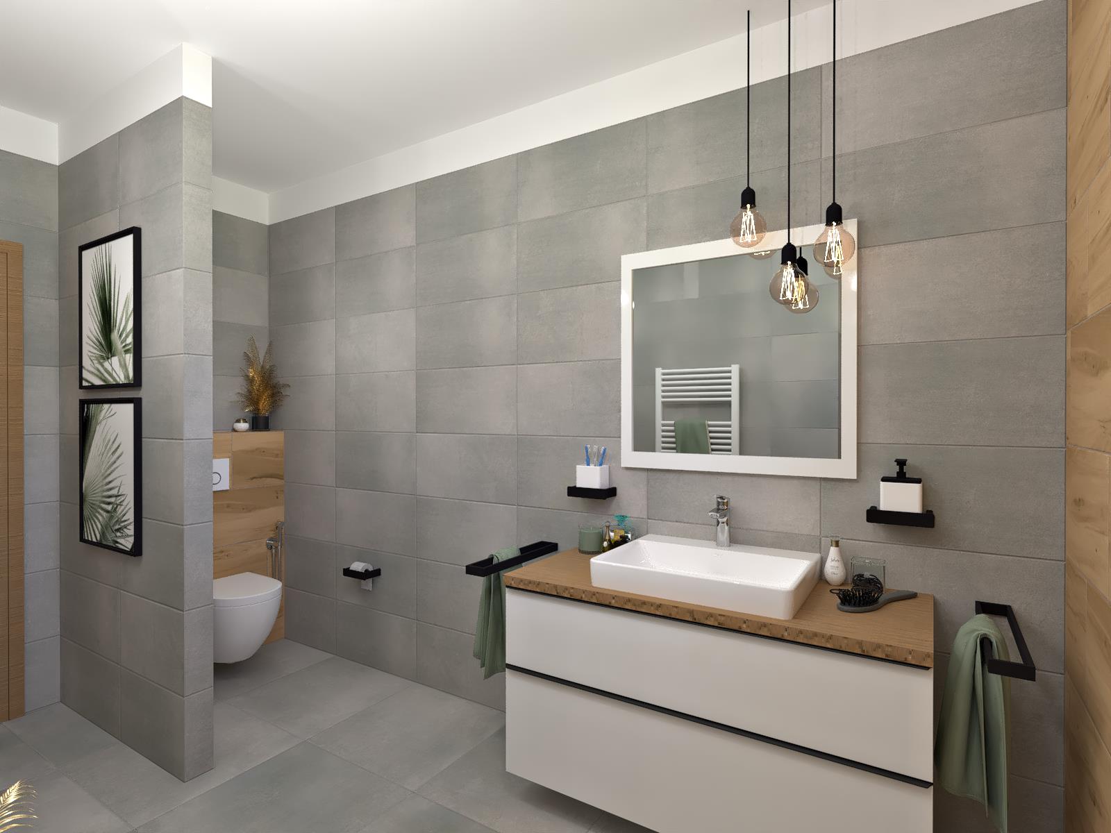 Vizualizace budoucí koupelny a wc - Pohled od sprchy - menší formát obkladů