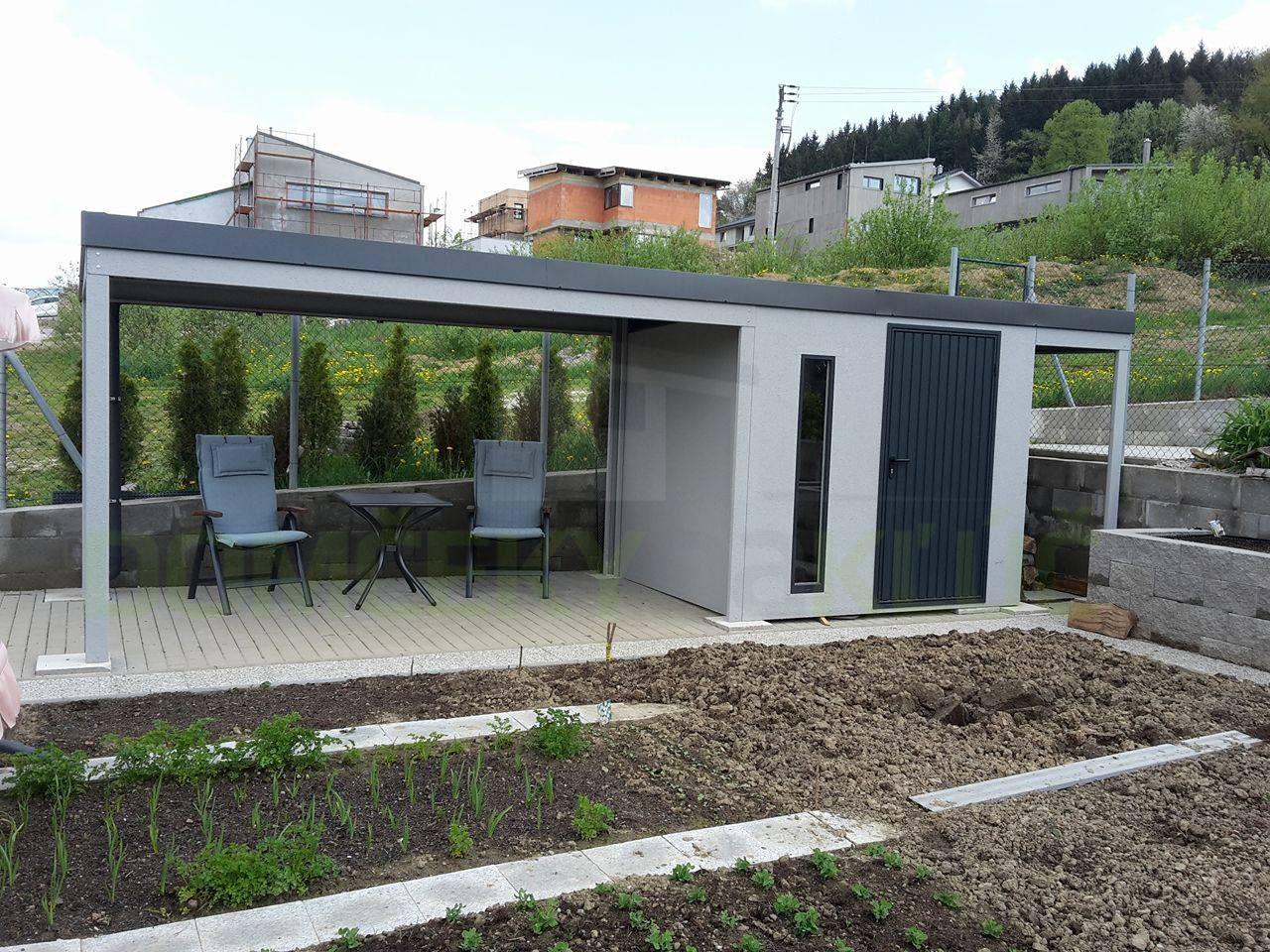 Montované záhradné domčeky GARDEON - Svetlo-šedý záhradný domček s prístreškom na sedenie