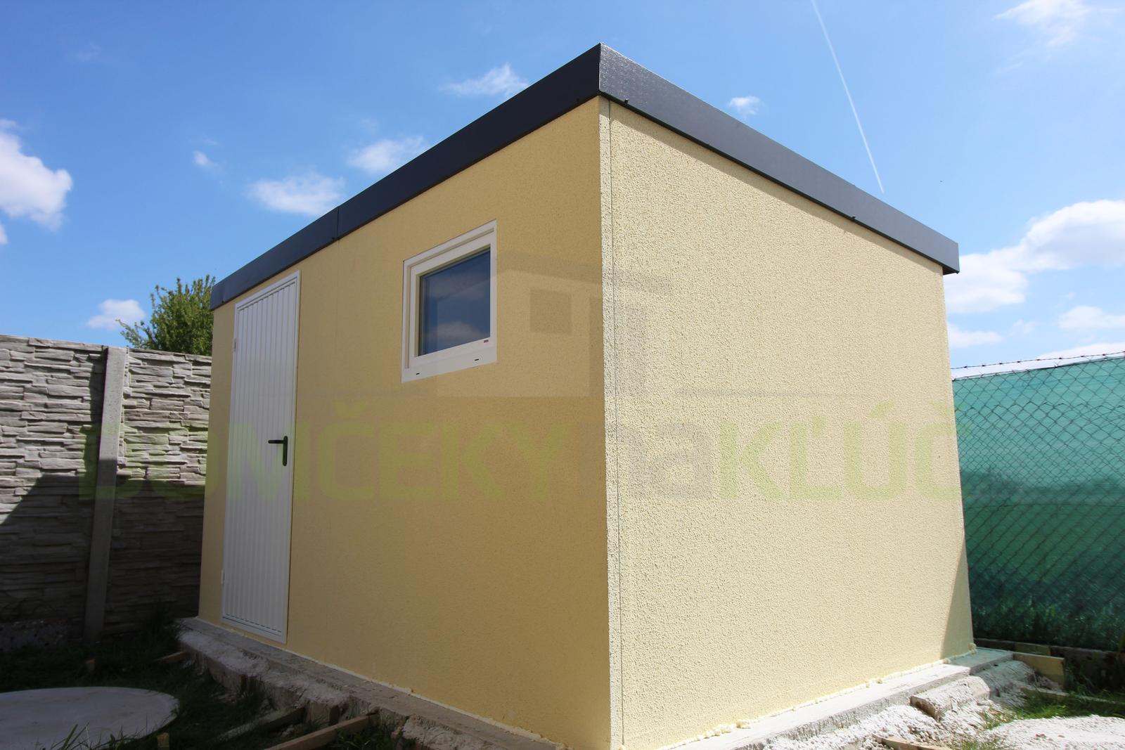 Montované záhradné domčeky GARDEON - Moderný záhhradný domček v žltej omietke s antracitovou strechou