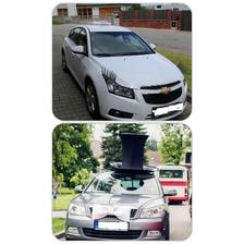 Nejůůůžasnější dekorace na auto - ženich - motýlek + klobouk, nevěsta řasy + korunka se závojem.. :-) Prodávám!