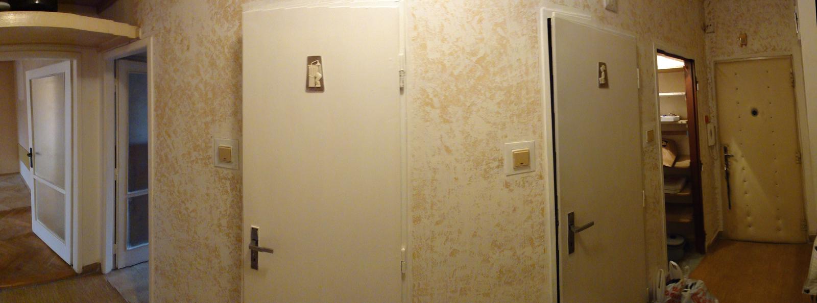 Rekonstrukce bytu 2+1 - Den 0 - chodba (zleva - dvere puvodni obyvak, dvere do kuchyne, koupelny, zachodu, komory a vchodove dvere)