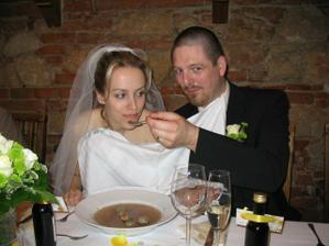 ham.. / feeding each other using one big plate (tradition)