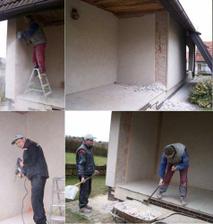 Odpoledne další fáze - odstranit břizolit a vysekat kapsy pro novou stěnu. I sbíječka přišla na řadu a chopil se jí mlaďas. A nakonec pěkně po sobě uklidit...