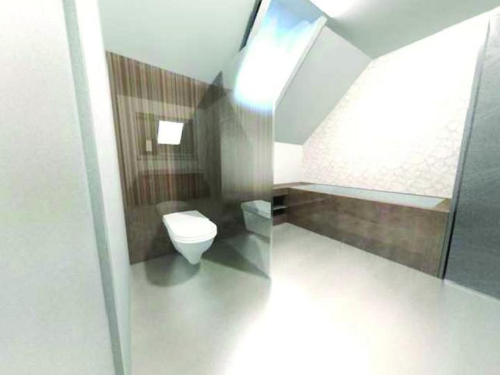 Vizualizace - Pohled do koupelny od umyvadel - wc je odděleno skleněnou příčkou a zadní stěna je obložená obklady.