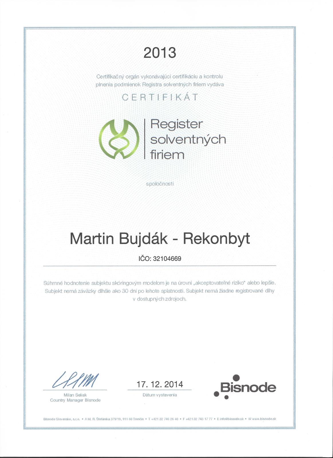Certifikát od BISNODE - Obrázok č. 1