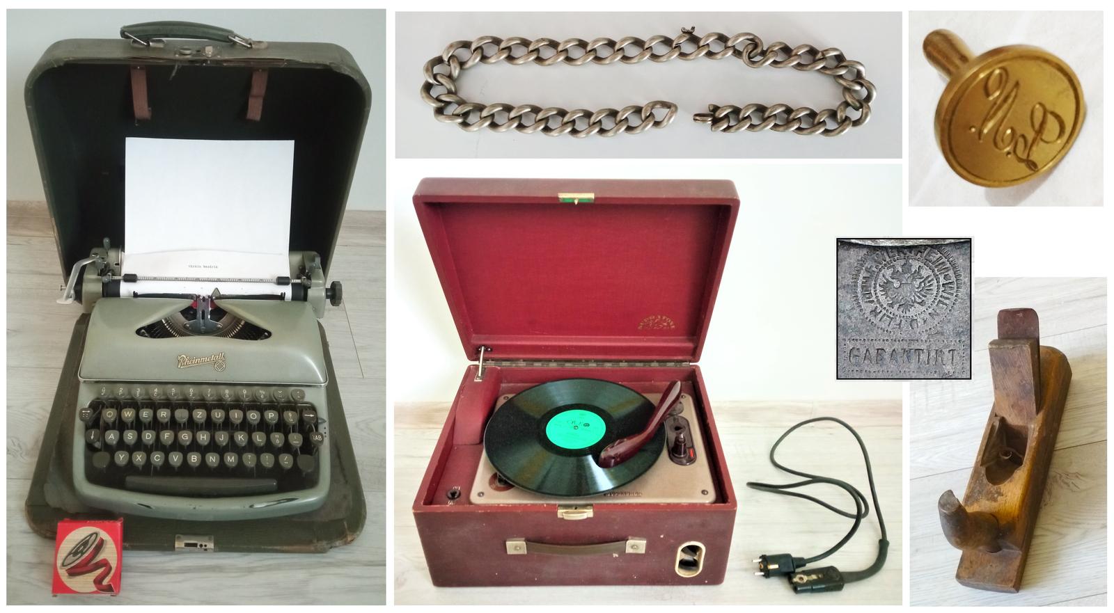 gramofón Supraphon, písací stroj, hoblík, pečatidlo, retiazk - Obrázok č. 1