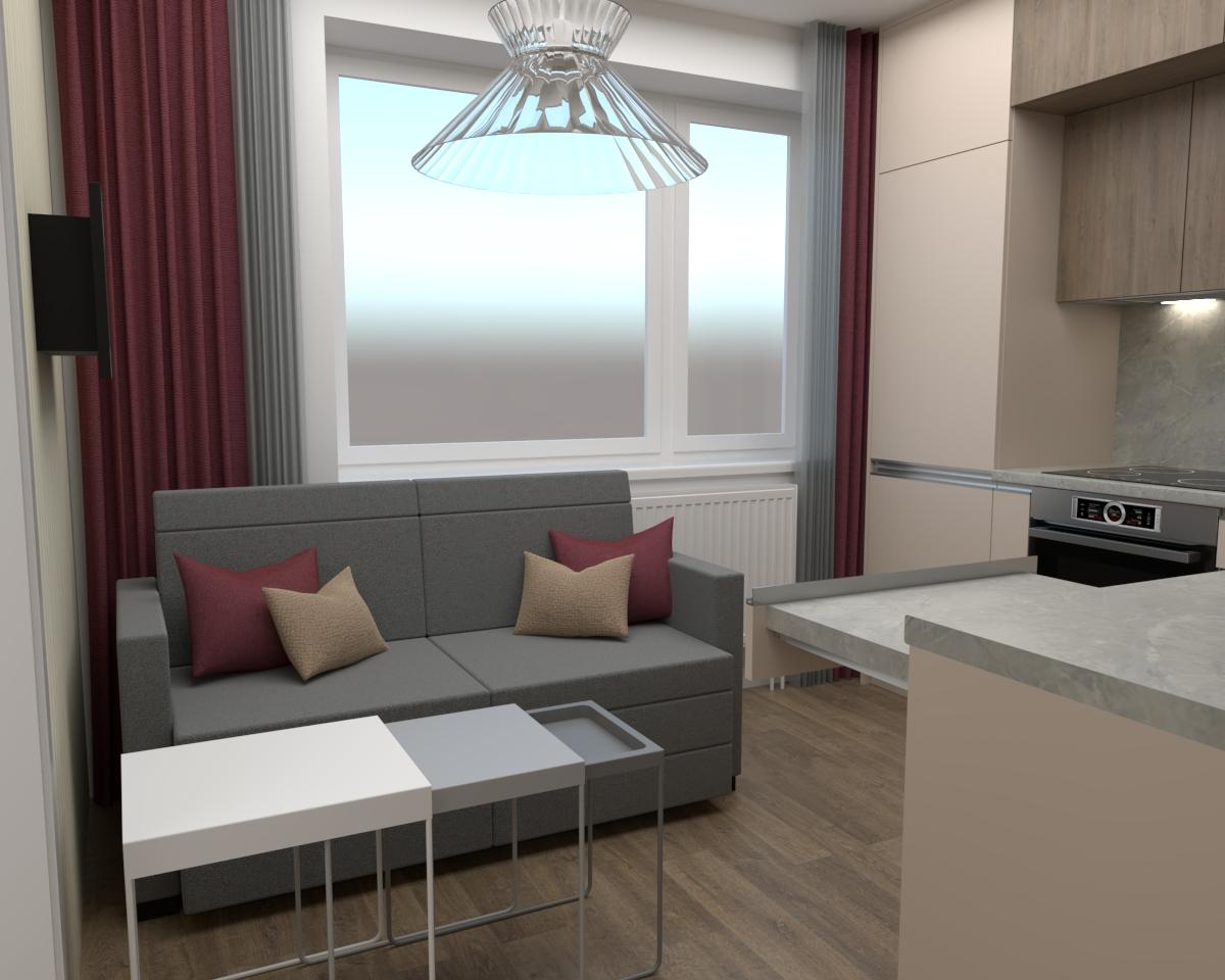Grafické návrhy bytov - Zariadenie jednoizbového bytu v novostavbe Darinka v ZV - návrh kuchyne spolu s malou obývačkou - verzia 1