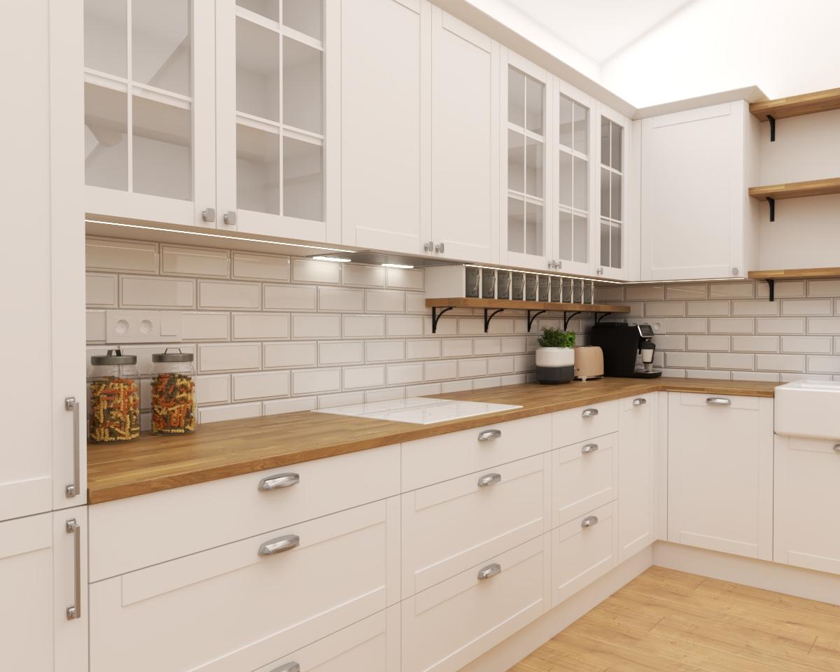Grafické návrhy kuchynských liniek 2022 - Grafický návrh kuchyne spojenej s obývačkou vo vidieckom štýle do rodinného domu  - obr.3