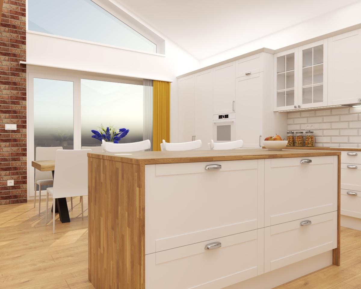 Grafické návrhy kuchynských liniek 2022 - Grafický návrh kuchyne spojenej s obývačkou vo vidieckom štýle do rodinného domu  - obr.4