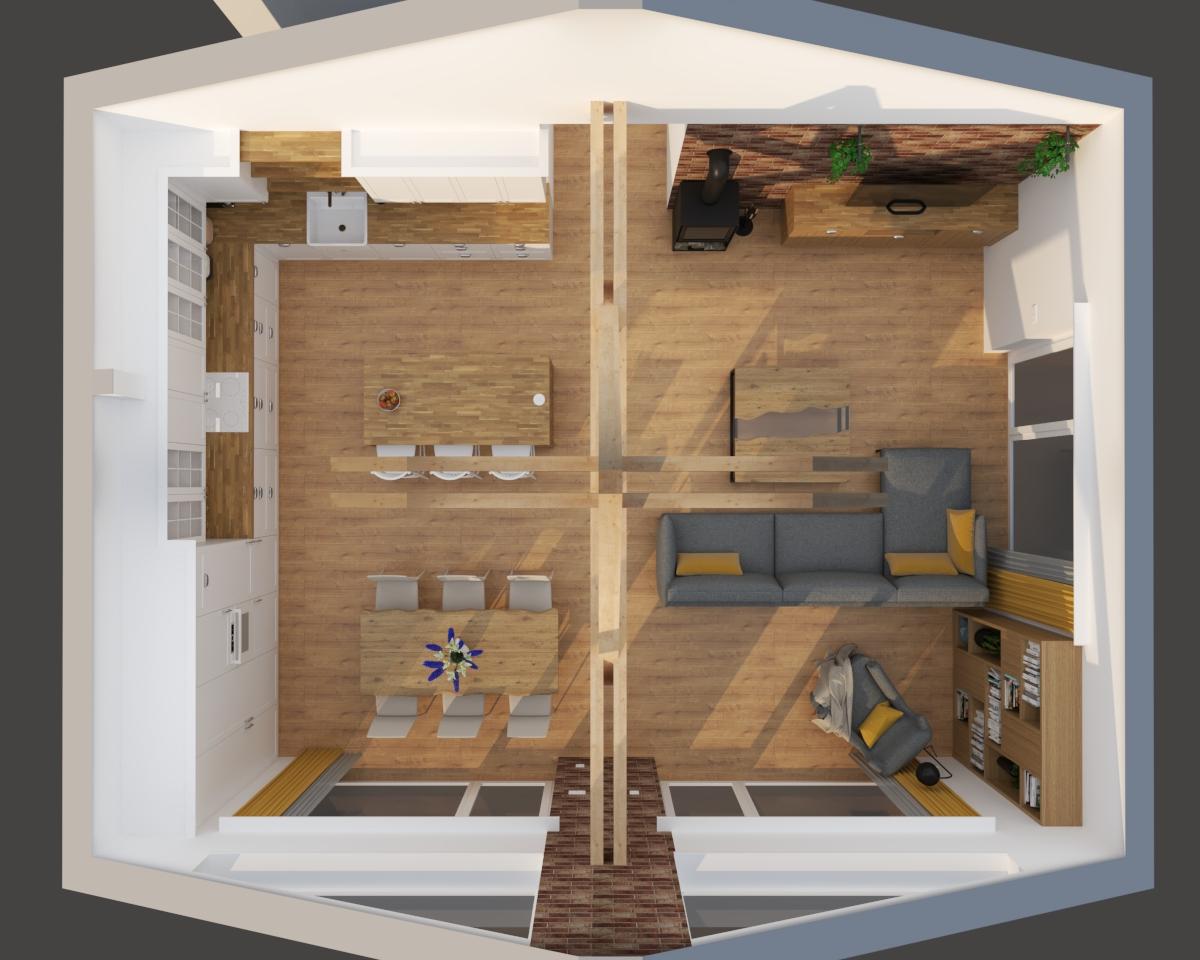 Grafické návrhy kuchynských liniek 2022 - Grafický návrh kuchyne spojenej s obývačkou vo vidieckom štýle do rodinného domu  - obr.11