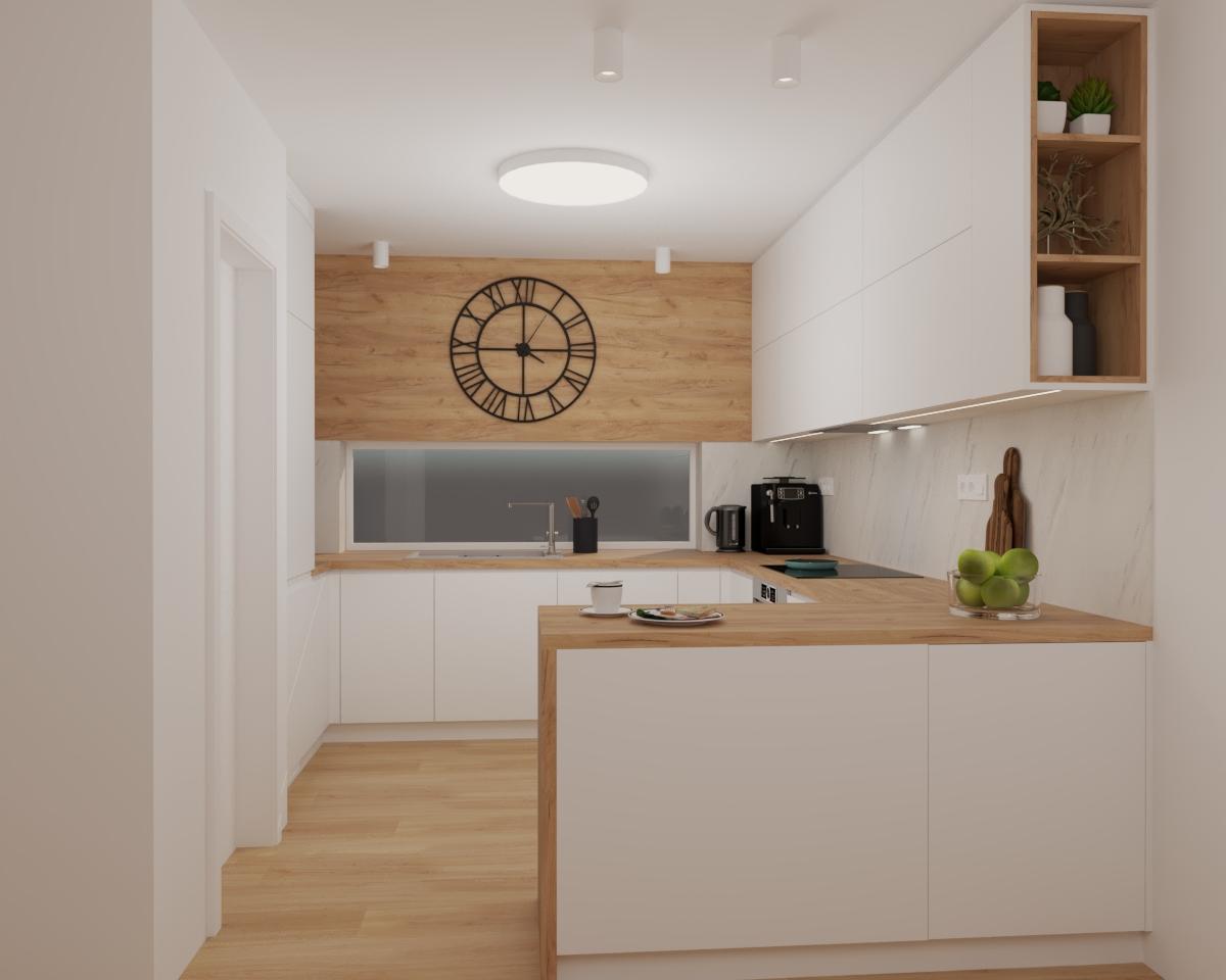 Grafické návrhy kuchynských liniek 2022 - Grafický návrh kuchyne do rodinného domu v kombinácii Biela matná a Kronospan K003 PW Gold Craft Oak - obr.1