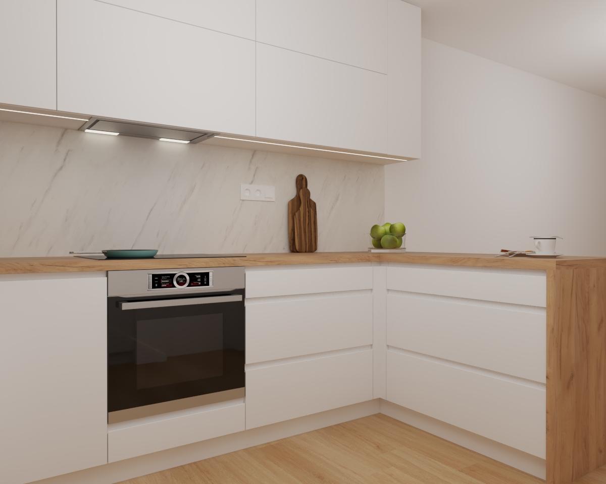 Grafické návrhy kuchynských liniek 2022 - Grafický návrh kuchyne do rodinného domu v kombinácii Biela matná a Kronospan K003 PW Gold Craft Oak - obr.3
