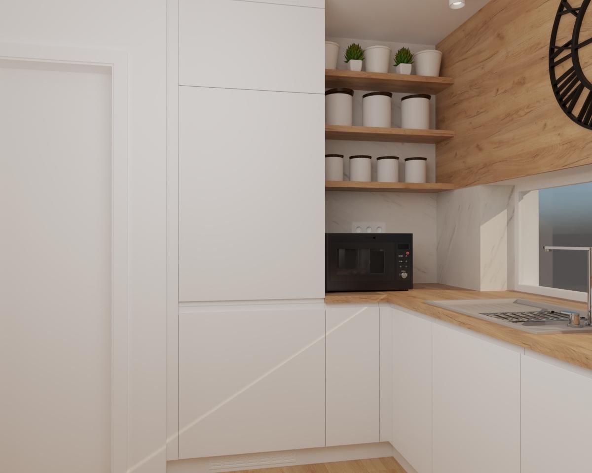 Grafické návrhy kuchynských liniek 2022 - Grafický návrh kuchyne do rodinného domu v kombinácii Biela matná a Kronospan K003 PW Gold Craft Oak - obr.5