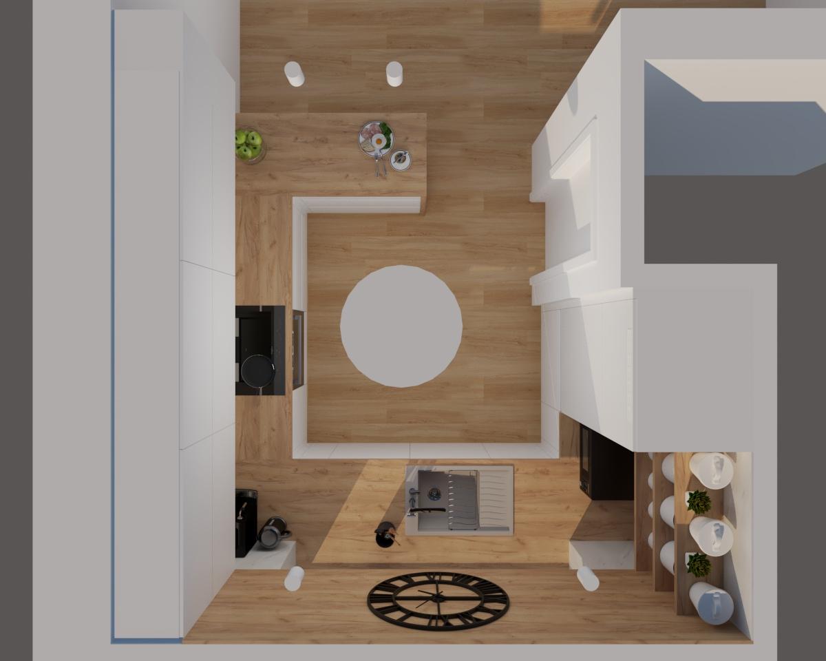 Grafické návrhy kuchynských liniek 2022 - Grafický návrh kuchyne do rodinného domu v kombinácii Biela matná a Kronospan K003 PW Gold Craft Oak - obr.6