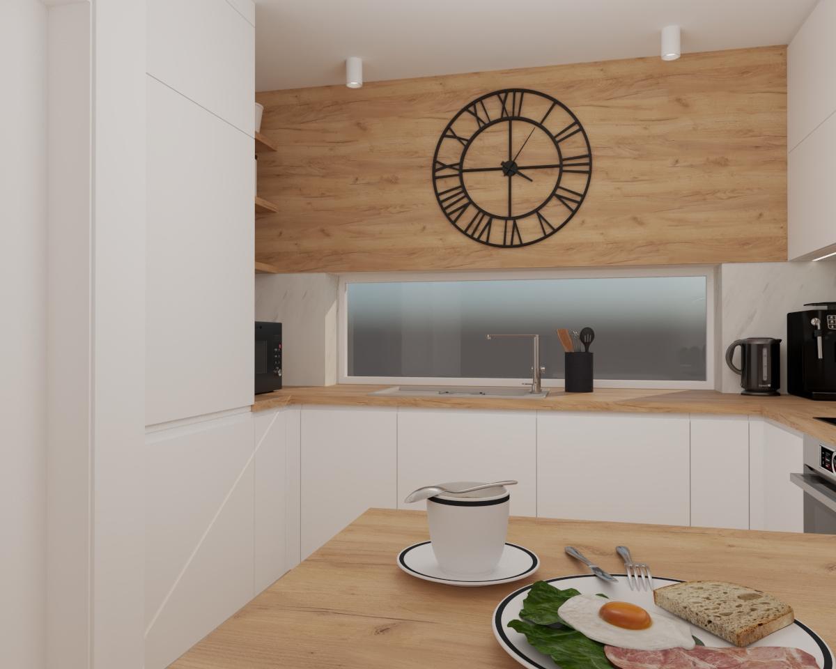 Grafické návrhy kuchynských liniek 2022 - Grafický návrh kuchyne do rodinného domu v kombinácii Biela matná a Kronospan K003 PW Gold Craft Oak - obr.4