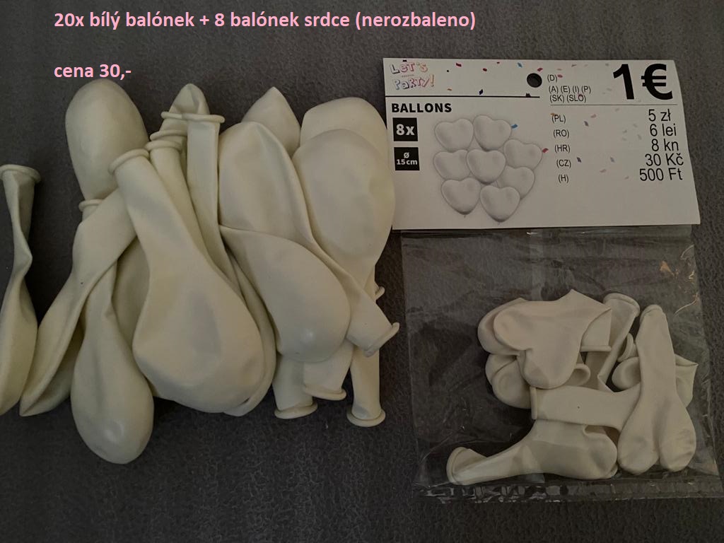 20x bílý balónek + 8 balónek srdce - nepoužité - Obrázek č. 1