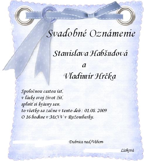 Stanislava{{_AND_}}Vladimír - Svadobné oznámenie