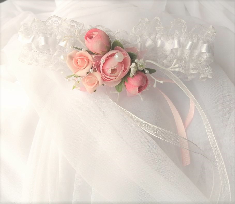 Svatební podvazek květinový růžový s krajkou - Obrázek č. 1