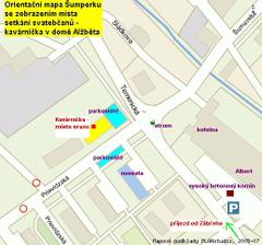 Mapka místa srazu (kavárnička na Temenické 35) a domu nevěsty