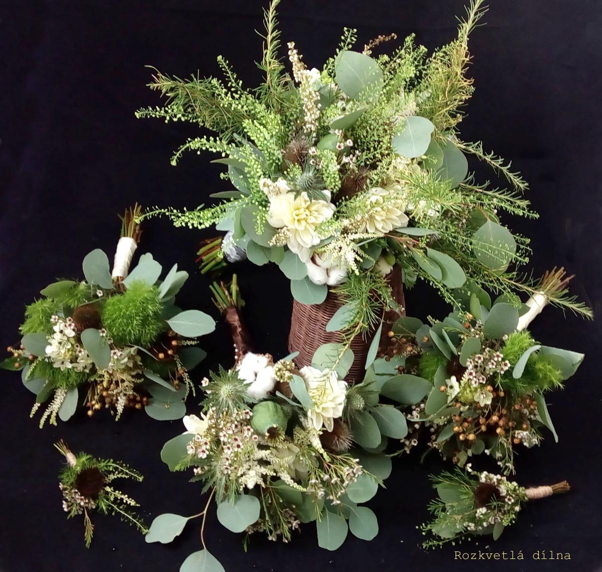 Podzimní - zeleno-hnědo-bílá - set - podzimní kytice v zeleno-hnědo-bílé